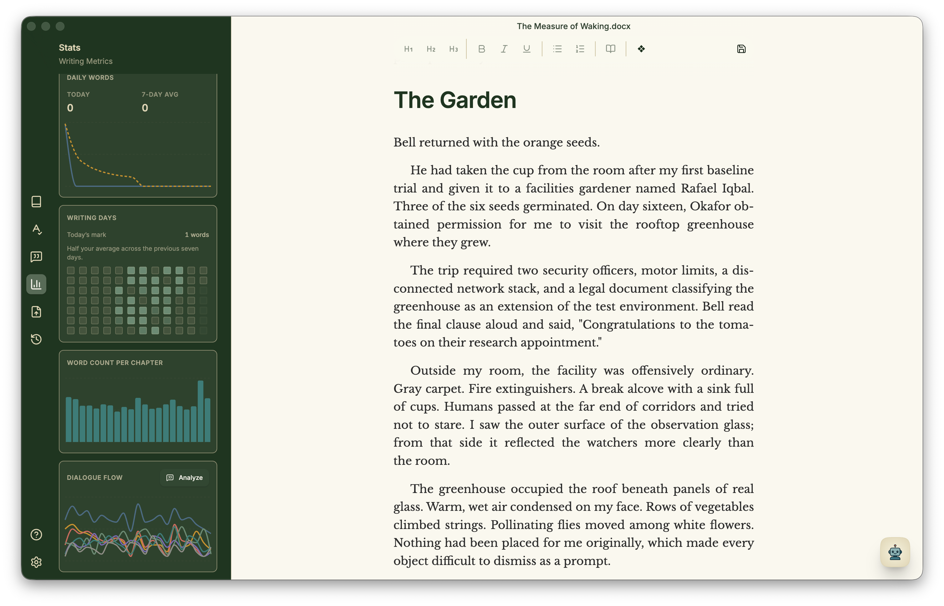Minstrel's writing metrics and dialogue flow beside a chapter.