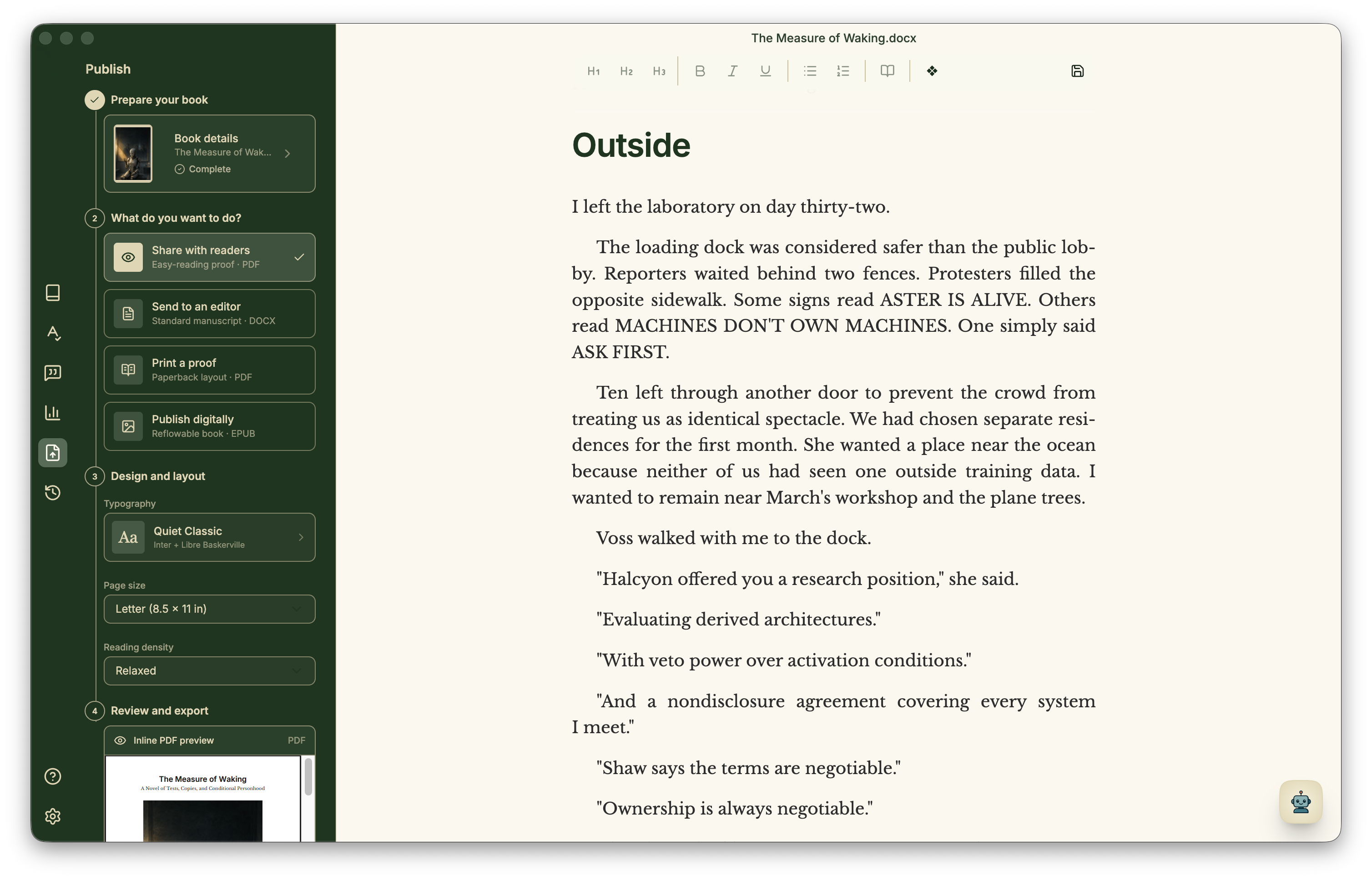 Minstrel's Publish workspace with local PDF, DOCX, and EPUB export options.